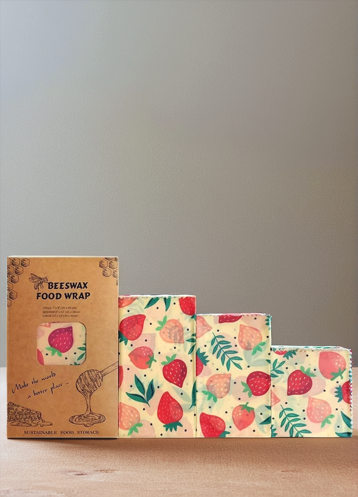 Emballage alimentaire réutilisable en cire d'abeilles Motif Fraises - Set de 3 pièces