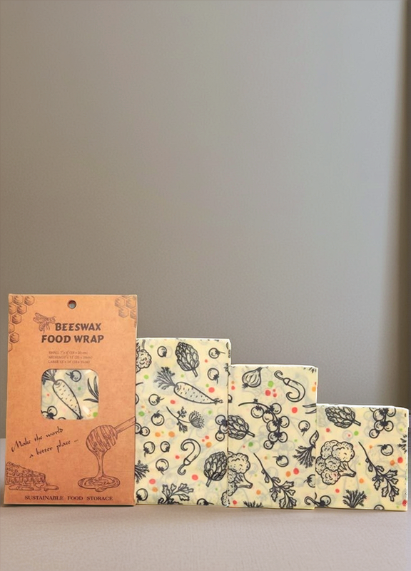 Emballage alimentaire réutilisable en cire d'abeilles  Motif Légumes - Set de 3 pièces
