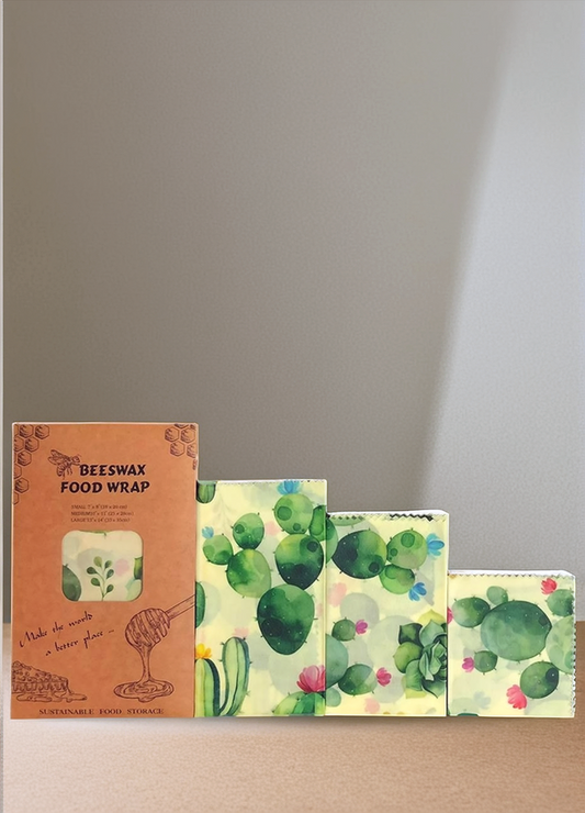 Emballage alimentaire réutilisable en cire d'abeilles Motif Cactus - Set de 3 pièces
